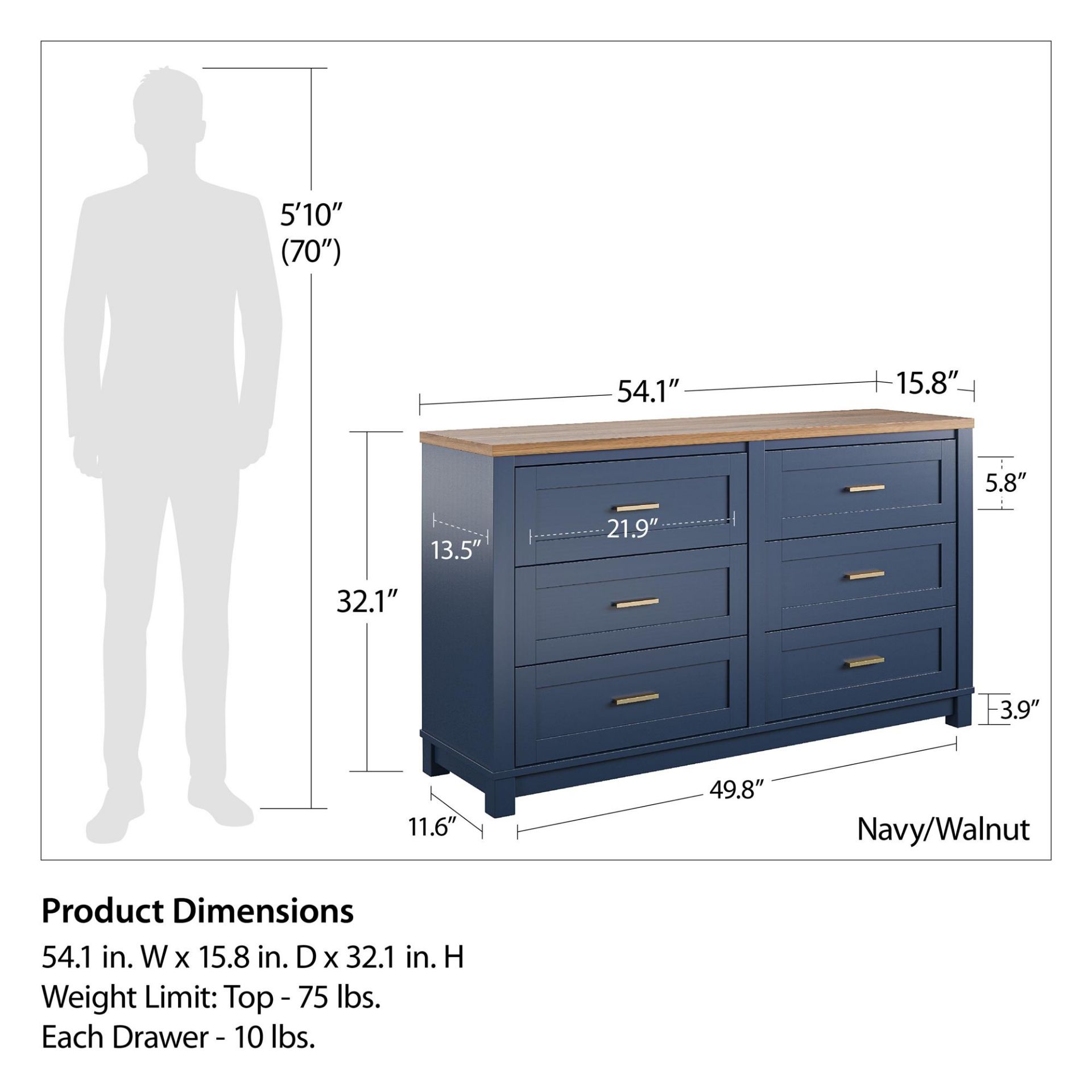 5987837 Armada 6 Drawer Wide Dresser Navy with Walnut top AFW